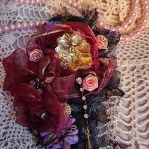 Handmade brooch burgundy plum wearable art pin vintage lace by Renee Lavoie